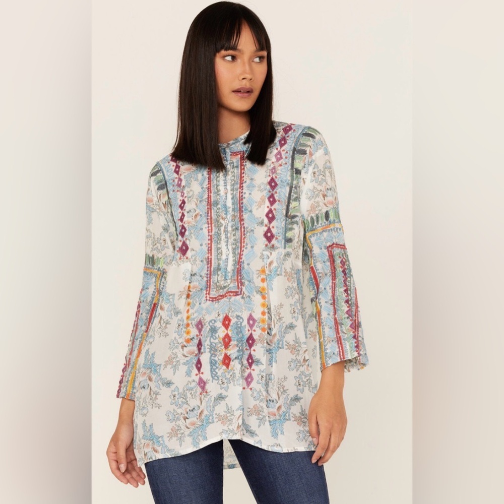 Johnny Was Isla Silk Embroidered Floral Print Tunic Blouse Small